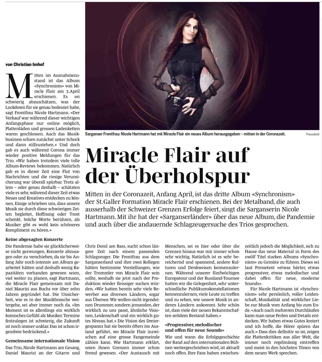 Many thanks for the reporting and the interview to Christian Imhof from Sarganserländer!

#massacrerecords #miracleflair #interview #sarganserländer #metal #nicolehartmann #melodicmetal #newalbum #synchronism #metalband