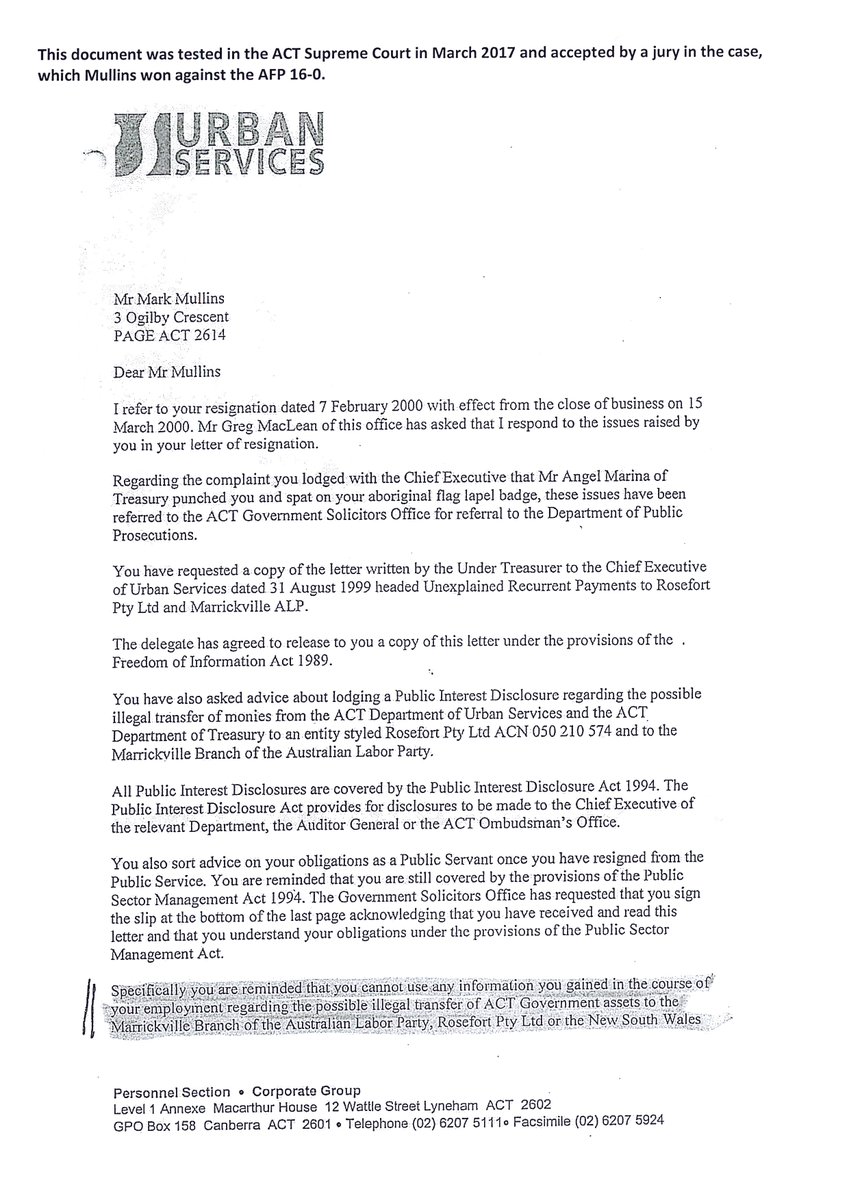 2. In 1999 Mark Mullins was investigating the misappropriation of money from the ACT Dept of Urban Services to the ALP. He departed in April 2000, as did Cathy Kosmidis. Although undated this letter was clearly written whilst both were with DUS.