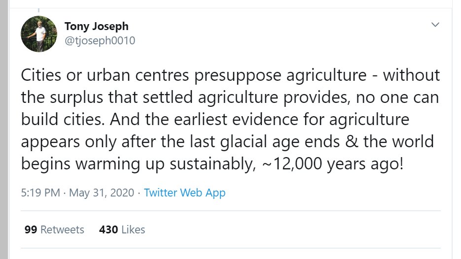 2/n First let me give you sources from what you guys call "peer reviewed paper".You mention that Agriculture began with the beginning of Holocene which happened 12000 years ago.But most recent papers state that agriculture occurred 23kaBP. Read on... https://twitter.com/tjoseph0010/status/1267060679610994689?s=20