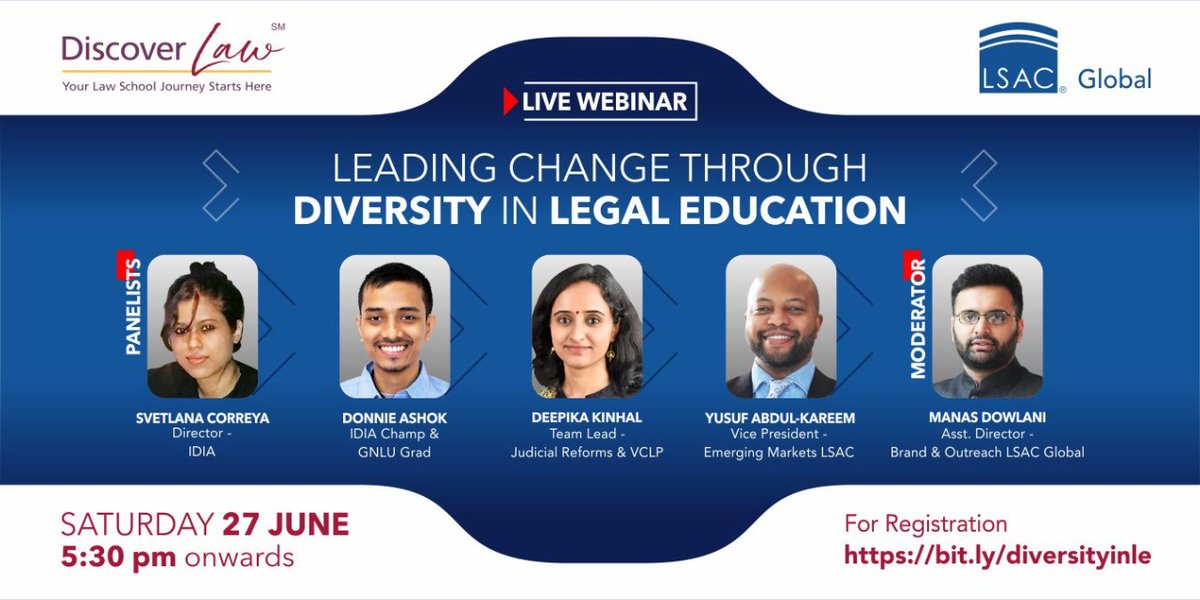 DiscoverLawIn's tweet photo. Join us for an exciting discussion around diversity in legal education and legal profession later today at 5:30 PM IST / 8:00 AM EST
If you'd like to join us, register @ https://t.co/IHfnYk4OWi
#diversity #inclusion #lsacglobal #legaleducation #scholarship #diversitymatters https://t.co/amE4qUdvLp