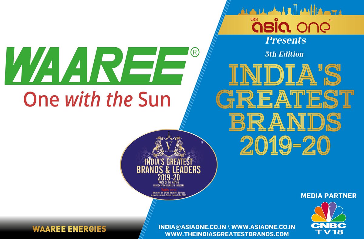 Mumbai based 3 decades old India's largest vertically integrated solar energy solution company with manufacturing capacity of 2 GW's, <a href="/waareegroup/">Waaree Group</a> Waaree Energies Pvt Ltd is going to felicitated by AsiaOne Magazine with the prestigious India’s Greatest Brands 2019-20 Award.