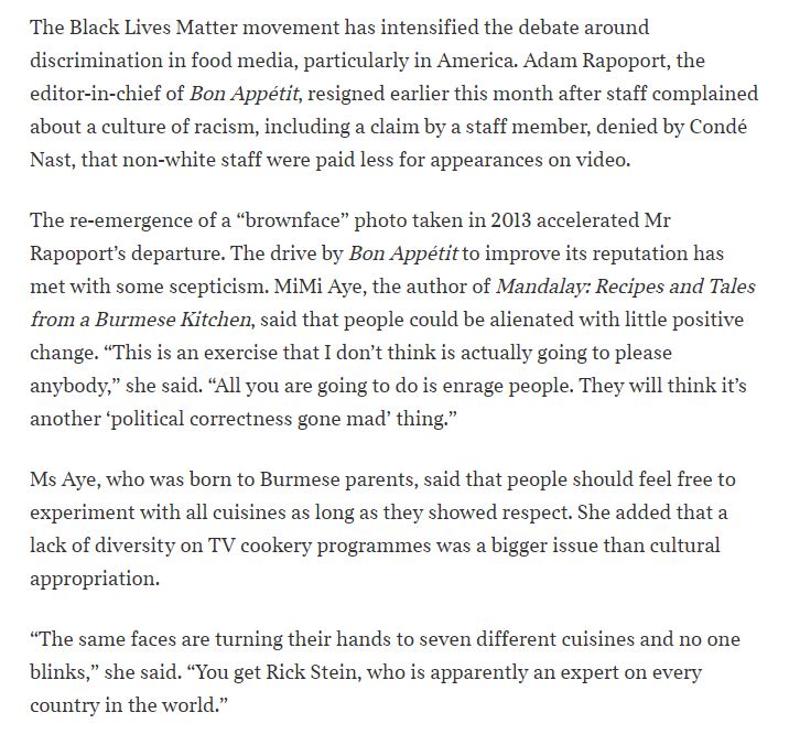 "Chefs are in a stew about cultural theft": I talked to  @thetimes about Bon Appetit. (£) but my bit below.Note I ALSO said the main issue is the non-white staff were not paid AT ALL and still have not been paid. Till they are, anything else is pointless  https://www.thetimes.co.uk/article/two-top-food-publishing-companies-review-recipes-for-cultural-insensitivity-8w0nbf7bn