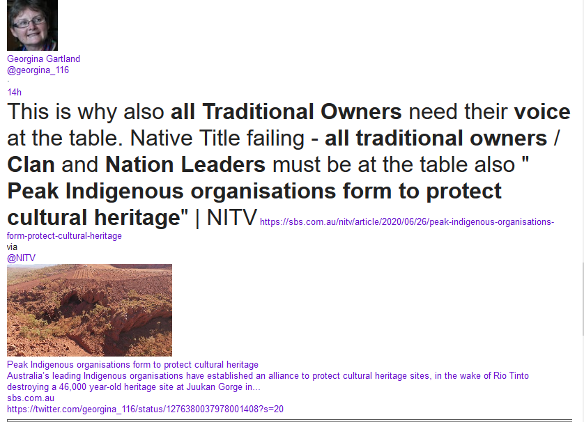 WgarNews's tweet photo. @lynlinking @georgina_116 @JonesHowdareyou @anne_clothier @Michz45 @WhteRbbnAdvocat @LadyPoop2 @janettj777 @FatherBob @RachelQuayle08 Peak #AboriginalOrgs form to #ProtectCulturalHeritage in wake of #RioTinto | All #TraditionalOwners need #VoicesAtTheTable #ClanLeaders #FirstNationsLeaders #GrassRootsAboriginalVoices need to be heard | #NativeTitleIsFailing via #DouglasSmith @NITV #NITV
https://t.co/NQKElwaoTn https://t.co/QuYW802bKM