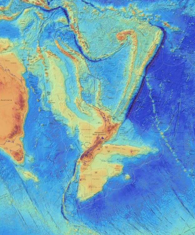 En la década de los años 90 un grupo de investigadores descubrió una gran masa submarina unida entre sí, pero fue en el año 2017 cuando se clasificó a Zelandia como continente submarino. Casi toda su superficie se encuentra bajo el océano Pacifico. (Imagen: GNS Science)