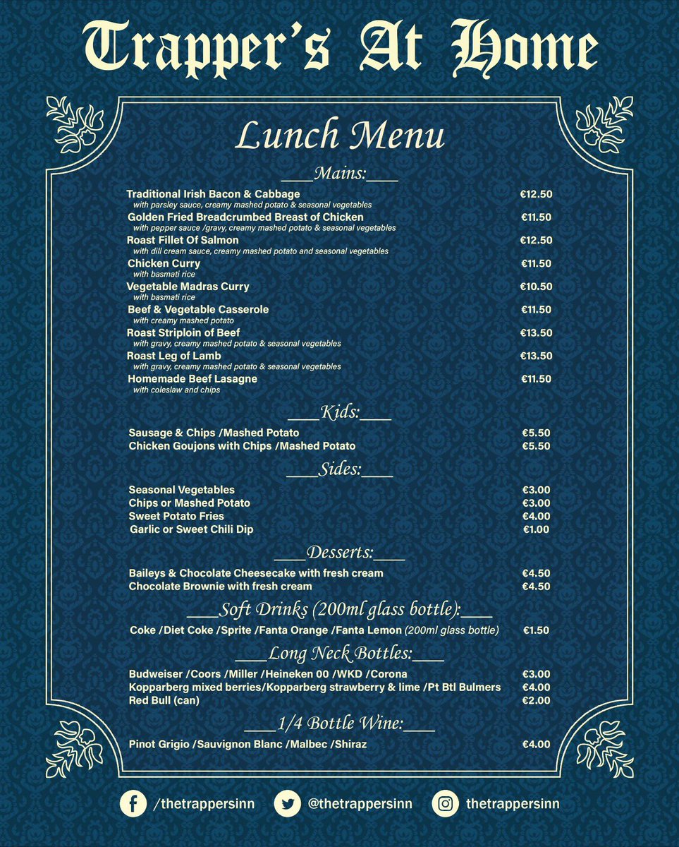 Looking forward to a Sunday Roast dinner this weekend? be sure to get your order into us before 10pm this evening. 🍴 

To place your order please go to 👉 …e-trappers-inn.clickandcollection.com

or alternatively call or WhatsApp your order with us on 0872932088