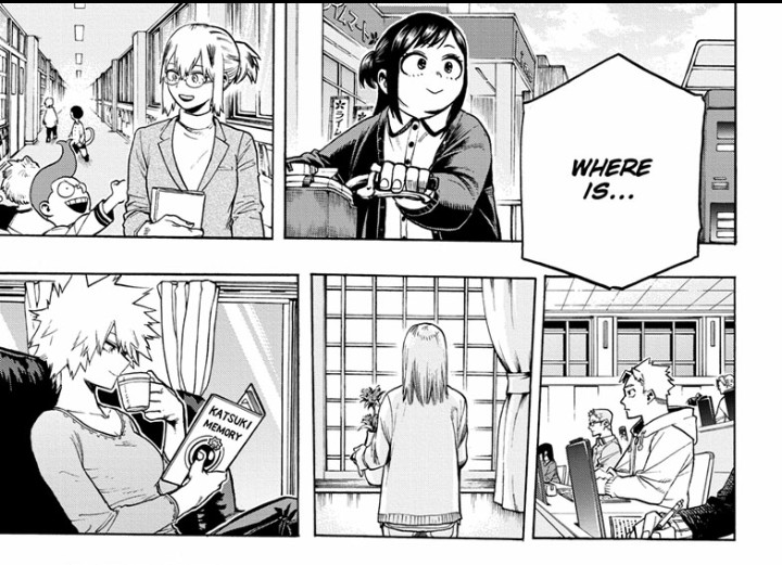 Bruh, these panels with their families just minding their own business while the trio are fighting to the death especially Midoriya and Bakugou... darn, this is just cruel. Also noticed the title of the album that Bakugou's mom is viewing. Is it some kind of a foreshadow? ?