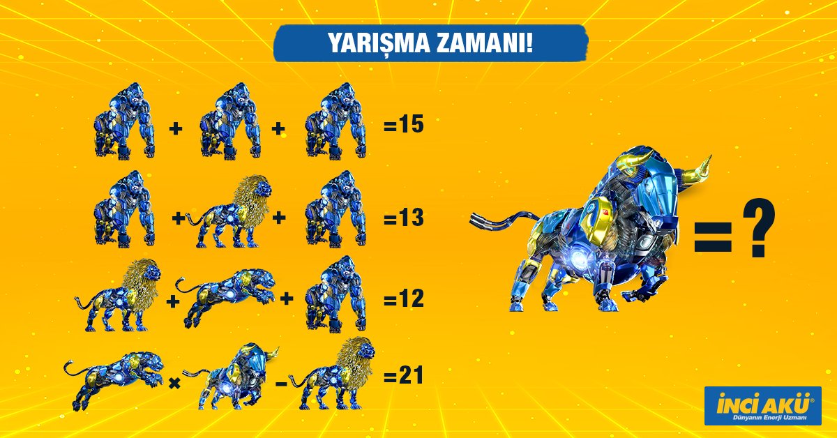 Yarışmamız başlıyor! 📌
Kahramanlarımızın yer aldığı matematik problemini çözün, Formul A Taurus’nun hangi sayıya denk geldiğini İnci Akü'yü takip edip postumuzu beğenerek yorum olarak yazın ve Preo My Sound kablosuz kulaklık kazanma şansı yakalayın!⚡
#İnciAkü #Yarışma