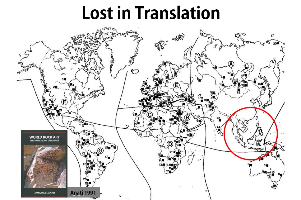 8/13 Again, taking my experience from rock art research, this is a page from Anati's 1991 book World Rock Art. Note the gaping hole where Southeast Asia is indicating 0 rock art sites.