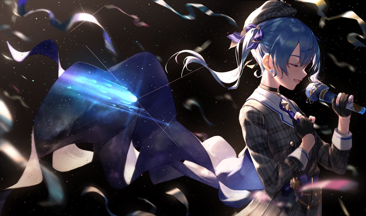 hoshimachi suisei 1girl solo blue hair hat gloves closed eyes microphone  illustration images