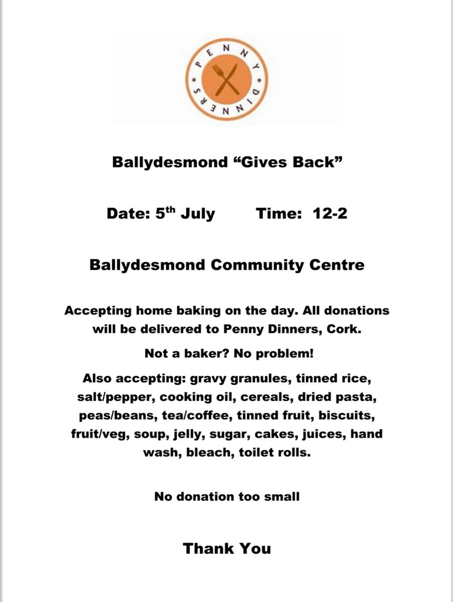 Ourselves and Ballydesmond Community Council have been approached by Cork Penny Dinners who are looking for county-wide support for parish food collections. Ours is Sunday July 5th from 12-2pm.
See details attached.
Thanking you all in advance  for helping really great cause.
