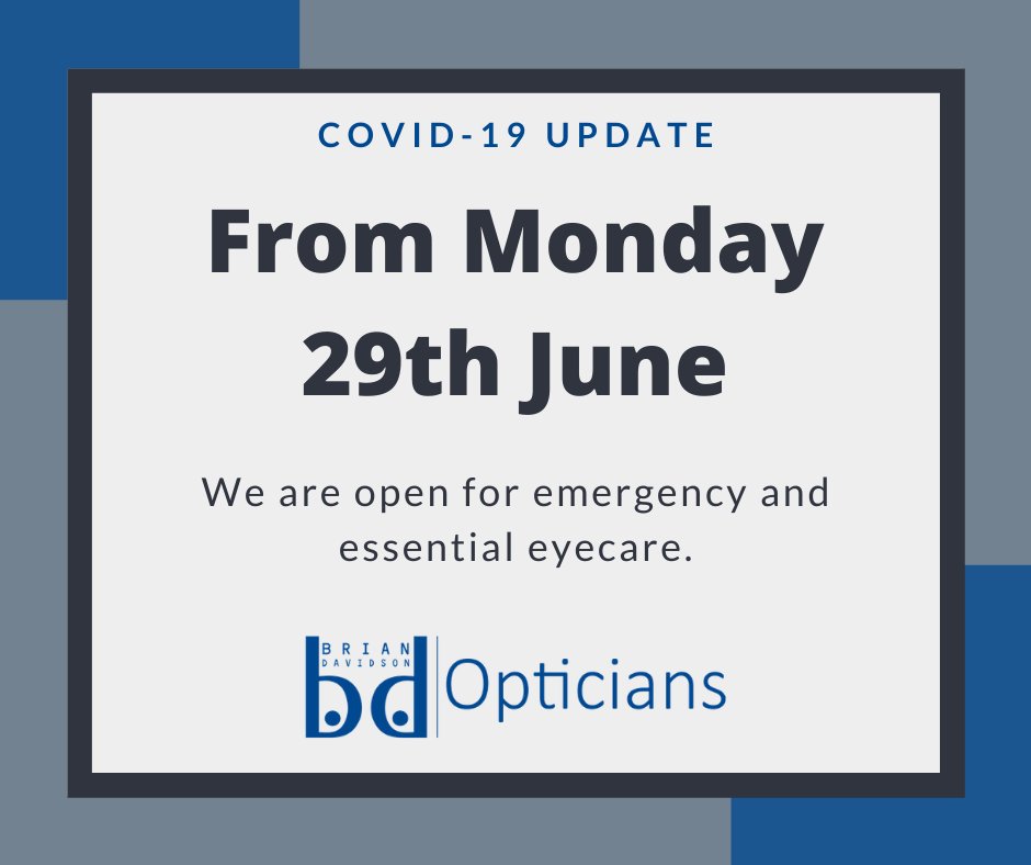 bdOpticians's tweet image. From Monday 29th June we are open for emergency and essential care.

If you require an appointment please call 01382 221333.

If you intend to visit the practice for glasses, repairs or adjustments please call in advance.

#Optician #Dundee #Open #COVID