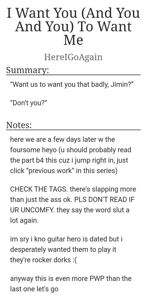 BTS POLY fic I Want You (And You And You) To Want Me by HereIGoAgain  @taesavestheday  https://archiveofourown.org/works/17896628 Producer YG / college JM / Rocker TH JK part 4 of the Alternat(iv)e Rock Universe series [THIS IS SO SEXY PLS KIDS LOOK AWAY]READ TAGS AND NOTES 