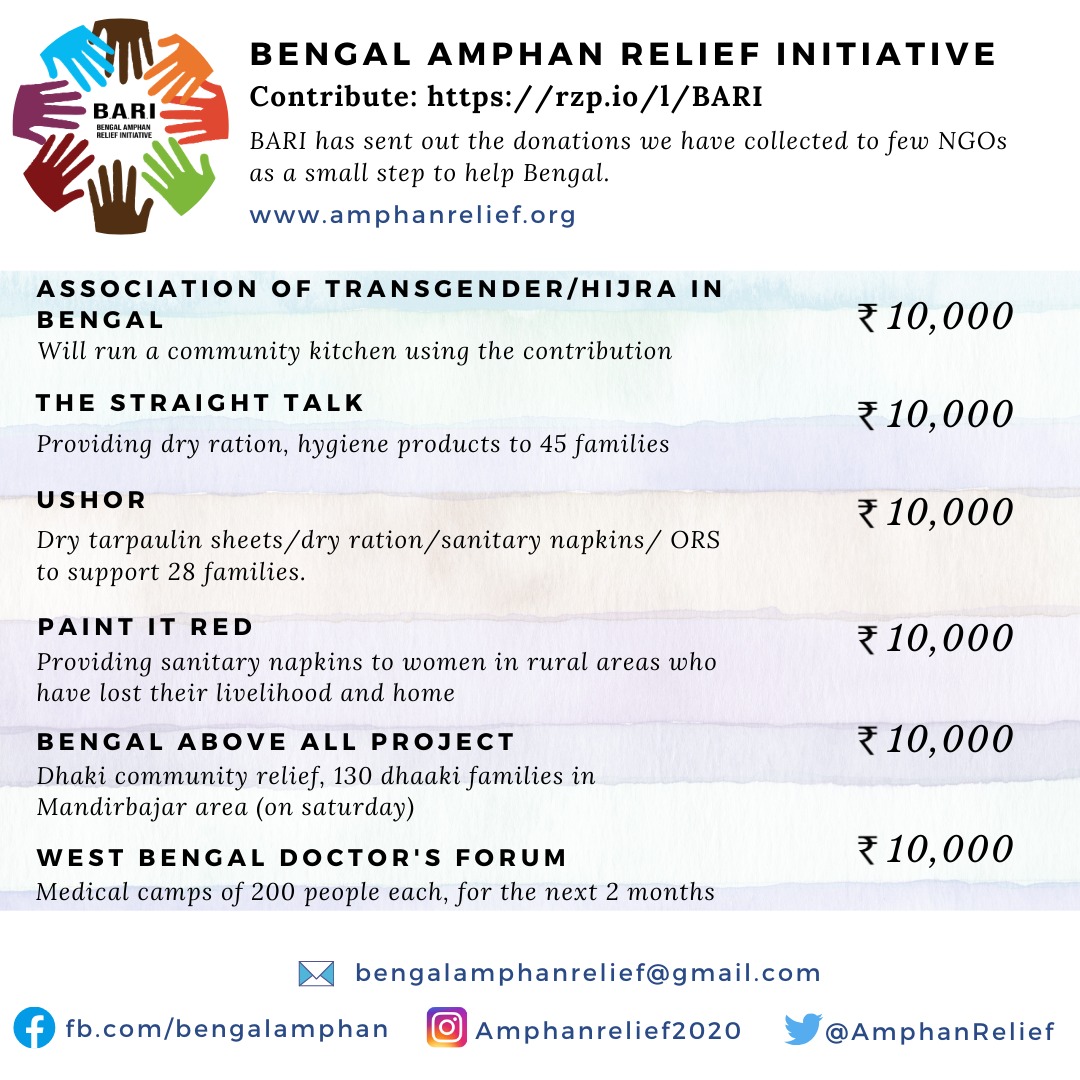 AmphanRelief's tweet photo. #BARI is proud to have given 10k to ASSOCIATION OF TRANSGENDER/HIJRA IN BENGAL. They have been running community kitchens for them using the same. 
U too can help. Join our event on 28 June to help us raise funds PM https://t.co/9z6W1b4XF0
#QuizForBengal https://t.co/89KmEyQUti