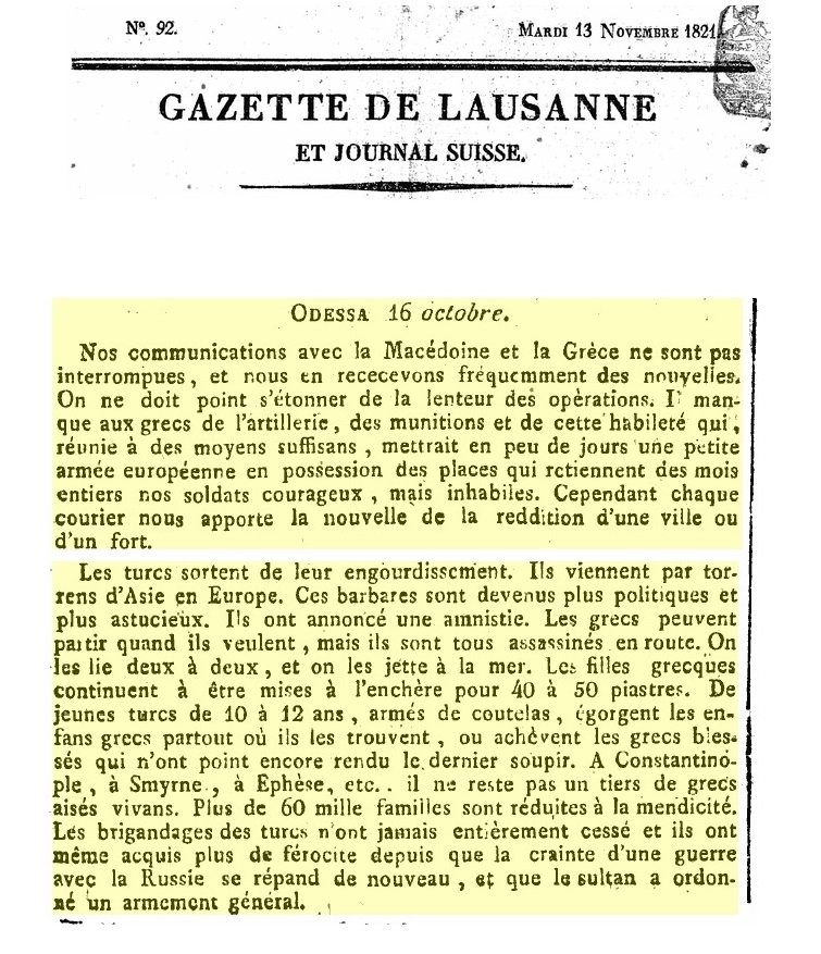 News about the massacre and enslavement of Greeks in Constantinople in 1821, as published in the "Gazette de Lausanne" of Nov. 13, 1821. The correspondence is from Odessa as of Oct. 16, 1821.