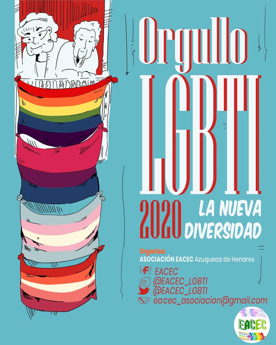 Facemasks and balconies are key items in the (lovely) posters coming out of Spain to mark a  #GlobalPride2020   held in the midst of the COVID-19 crisis: — Social distancing (and a bike) in Madrid — Azuqueca de Henares honors elder pioneers —  #StayAtHome   vibe in Alcorcón 