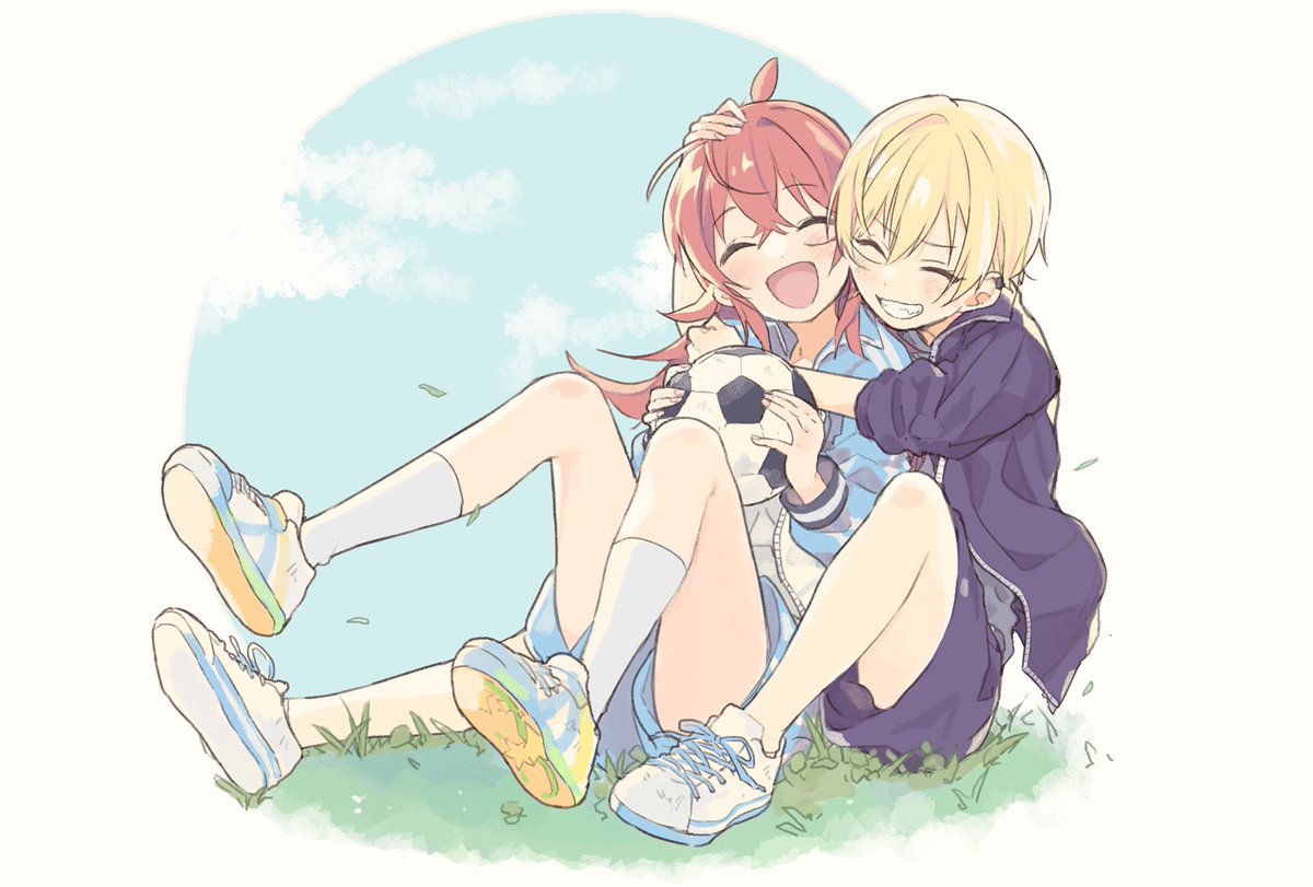 komiya kaho ,saijo juri multiple girls 2girls blonde hair closed eyes soccer ball red hair short hair  illustration images