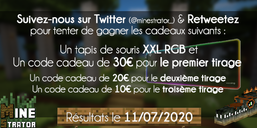 minestrator_'s tweet photo. 🔥Nouveau #concours #serveur #minecraft 🥳

🎁 Tentez de remporter🙃:
> 30€ MineStrator + Tapis de souris XXL RGB
> 20€ MineStrator
> 10€ MineStrator

Pour participer #RT + #Follow 💪

3 gagnants, tirage le 11/07/2020
Testez gratuitement : https://t.co/wcw00DpGsB https://t.co/JTNgrT3PKS