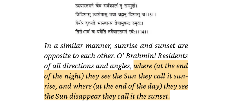 Vishnu Puran  2.8.12-15 & Aitareya Brahmana 3.44, lay down the foundation of Concept for Rotation of Earth in it's axis, they say Sun neither rises nor sets.People call it ‘Sunrise’ & ‘Sunset’ by seeing position of Sun at Morning & evening.10/n