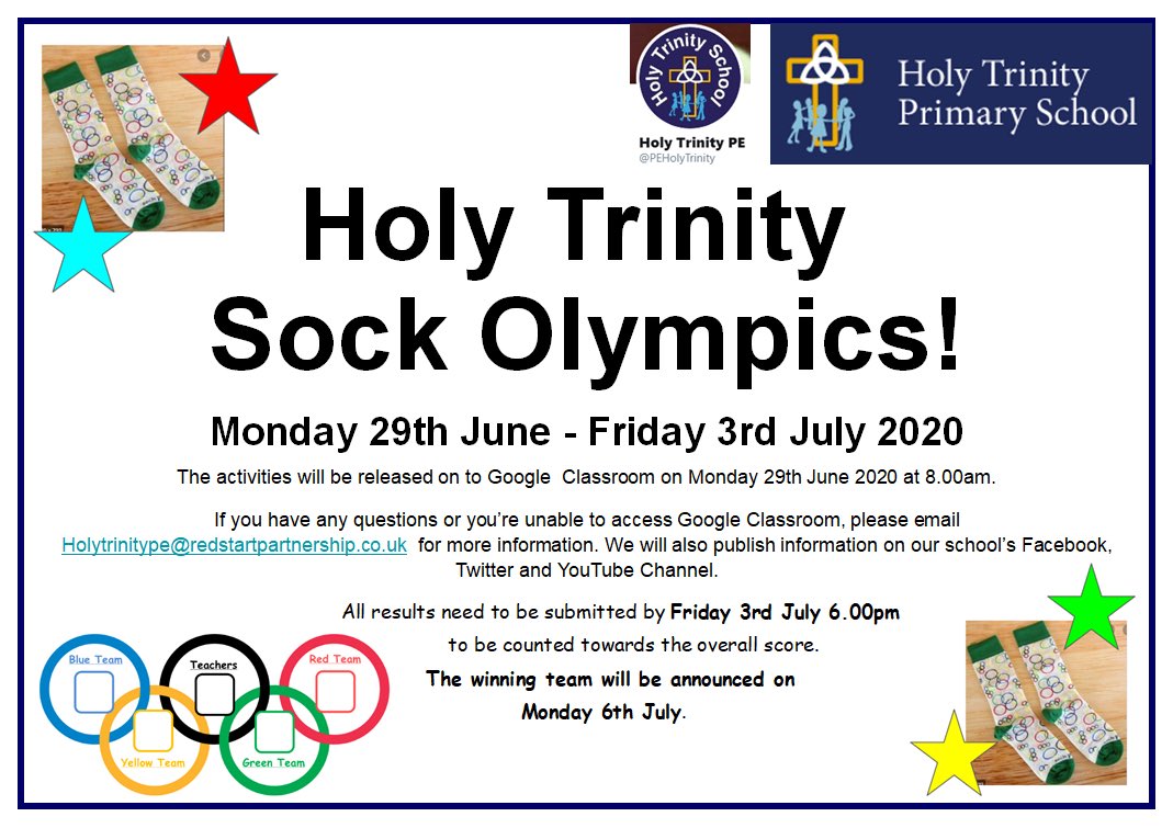 PEHolyTrinity's tweet image. This year sports day is looking a little different! We have planned a Sock Olympics just for you! Each activity is shown on Google Slides &amp;amp; our YouTube Channel. Have a go and record your scores. The winning team will be announced on 6 July #ActiveTrinity #VirtualSportsDay