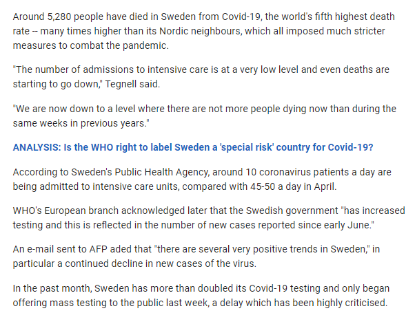4/ Son argument ? Certes, le nombre de cas augmente, mais c'est parce que la Suède s'est enfin lancé dans un vrai testing de sa population. Selon Tegnell, le nombre de morts et d'admissions en soins intensifs sont eux en net retrait.