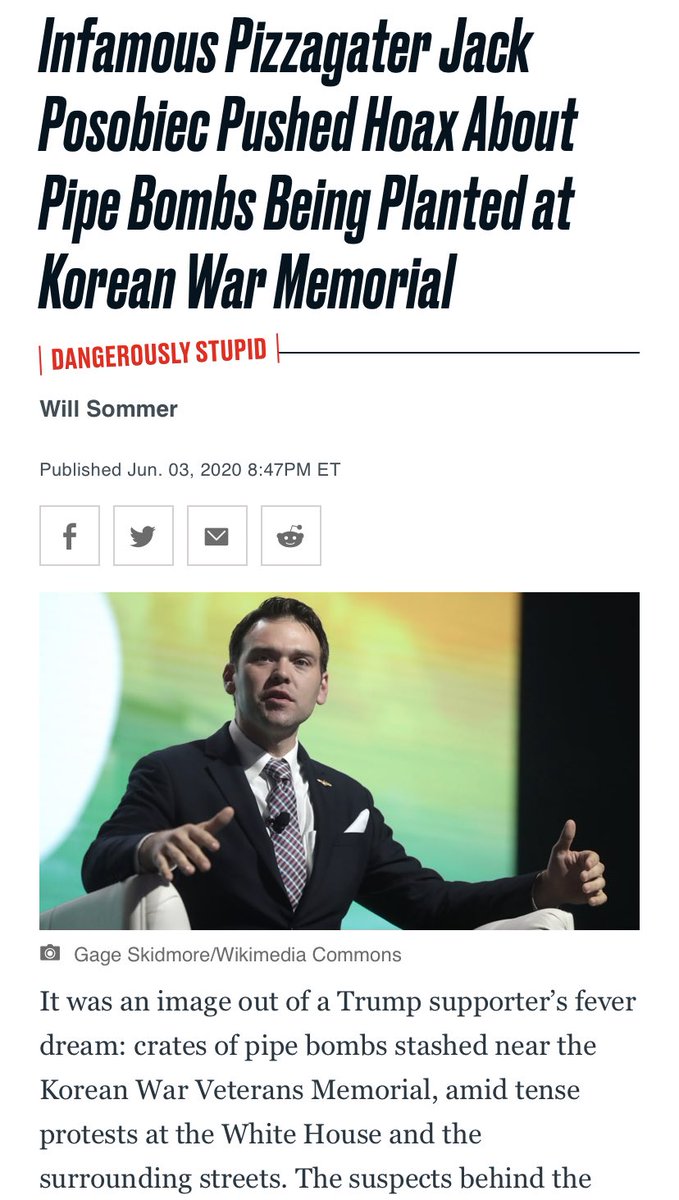 Jack also created a hoax story about pipe bombs being planted at a memorial during recent protests in DC. https://www.thedailybeast.com/infamous-pizzagater-jack-posobiec-pushed-hoax-about-pipe-bombs-being-planted-at-korean-war-memorial
