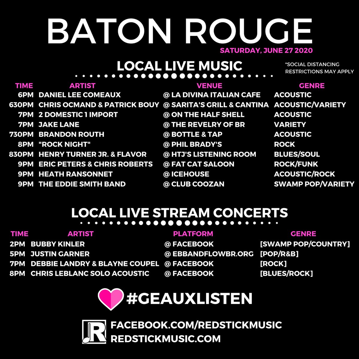 RedStickMusic's tweet photo. 🖤🎵 Saturday local live music lineup for the Baton Rouge area. Visit our website for details on any event!  

#geauxlisten #batonrouge https://t.co/YkevykVPYG