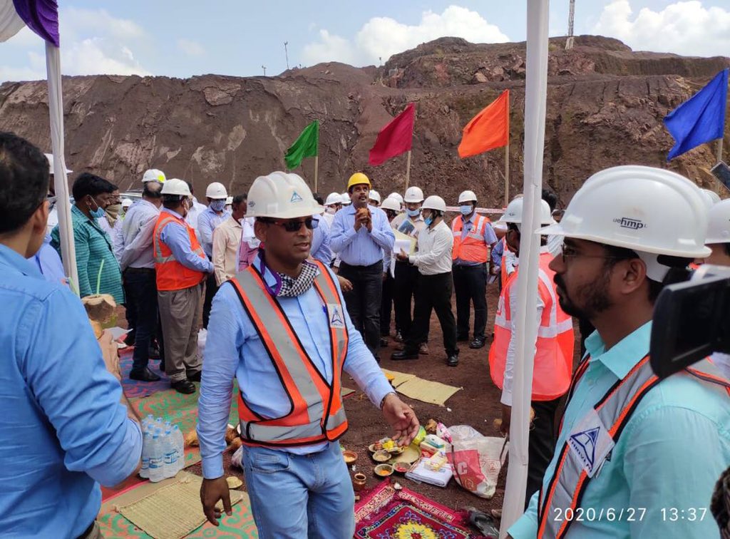 meeramohanty's tweet photo. The other juggernaut that can’t be stopped in Odisha. @jswsteel begins work at the Nuagaon iron mine, the largest of the auctioned mines. @sajjanjindal with his MDO @Thriveni_Group B Prabhakaran, younger brother @MPNaveenJindal, and their sons. https://t.co/n83IegvLBG