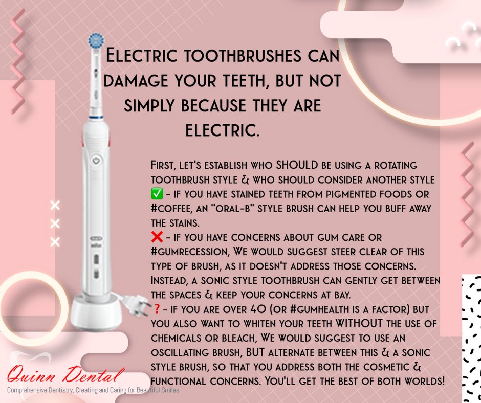 QuinnDental's tweet image. it's important to AVOID some common mistakes that can actually DAMAGE your teeth and gums- 
1. never use a sawing motion
2. never brush hard (#overbrushing)
3. hold the handle like a flute, rather than a hammer
4. brush each tooth individually then lift and move to the next.