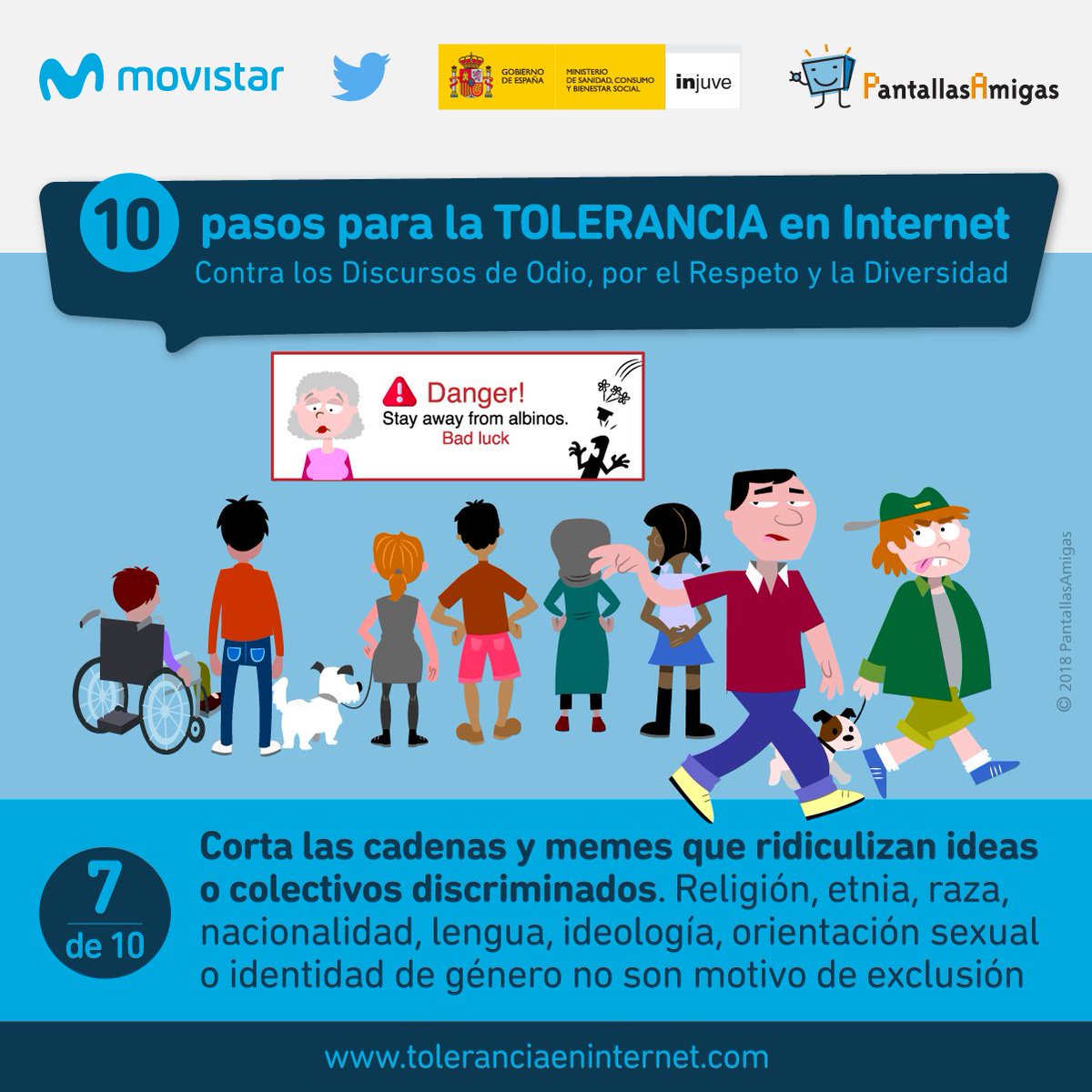 Corta las cadenas y memes que ridiculizan ideas o colectivos discriminados.  Religión, etnia, raza, nacionalidad, lengua, ideología, orientación sexual  o identidad de género no son motivo de exclusión. #OrgulloLGTBI 👉 10 Pasos  #, image size:1200x1200