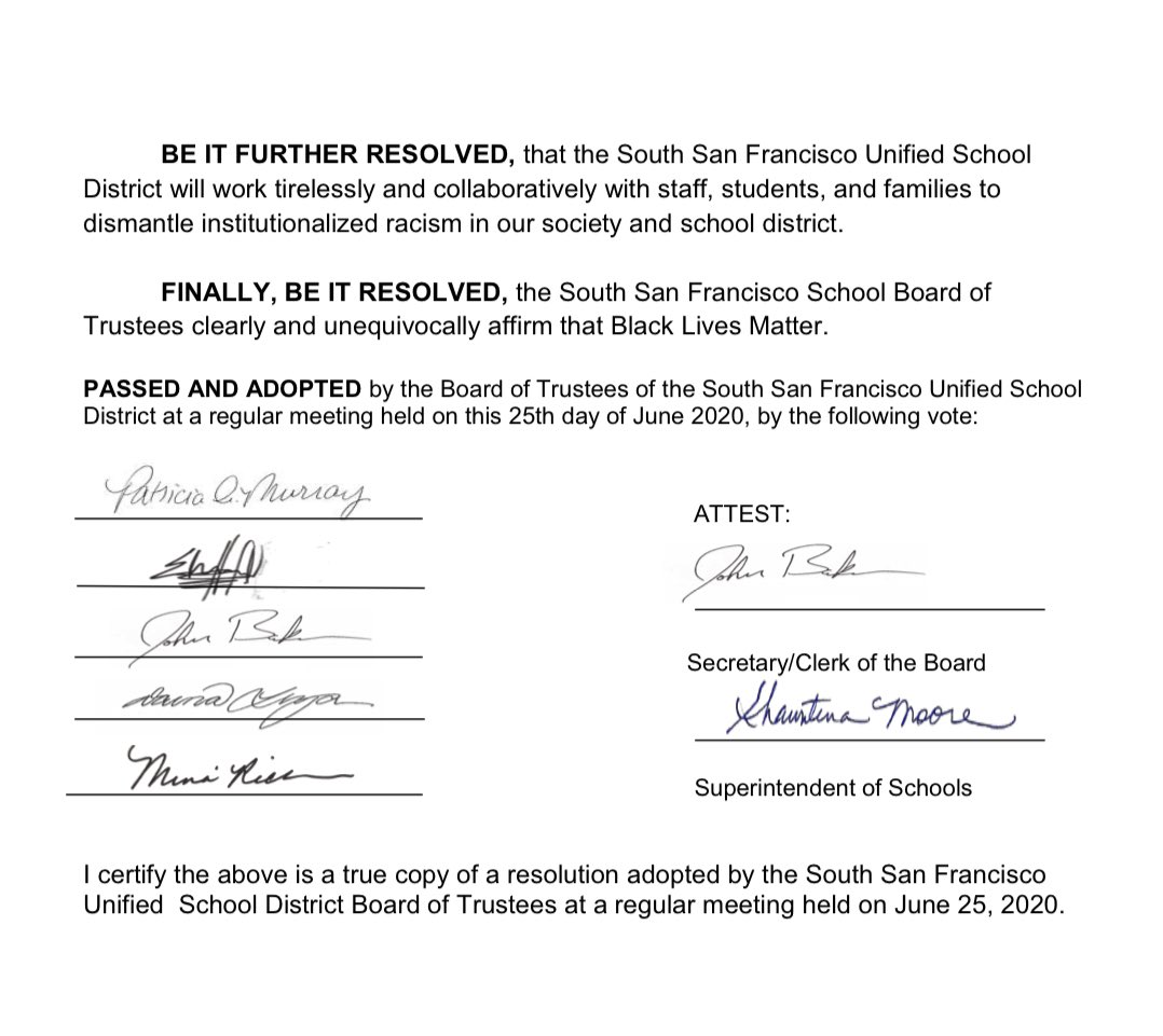 EddieFloresSSF's tweet photo. Very proud to have authored  a resolution that was unanimously approved &amp; adopted by the Board of the @SSFUSD this past Thursday. We unequivocally affirm that Black Lives Matter! 
#BLM #GeorgeFloyd #SocialJustice #RestorativeJustice #SouthSanFrancisco #SouthCity #SSF  #ssfusd https://t.co/CbU2jtRA5a