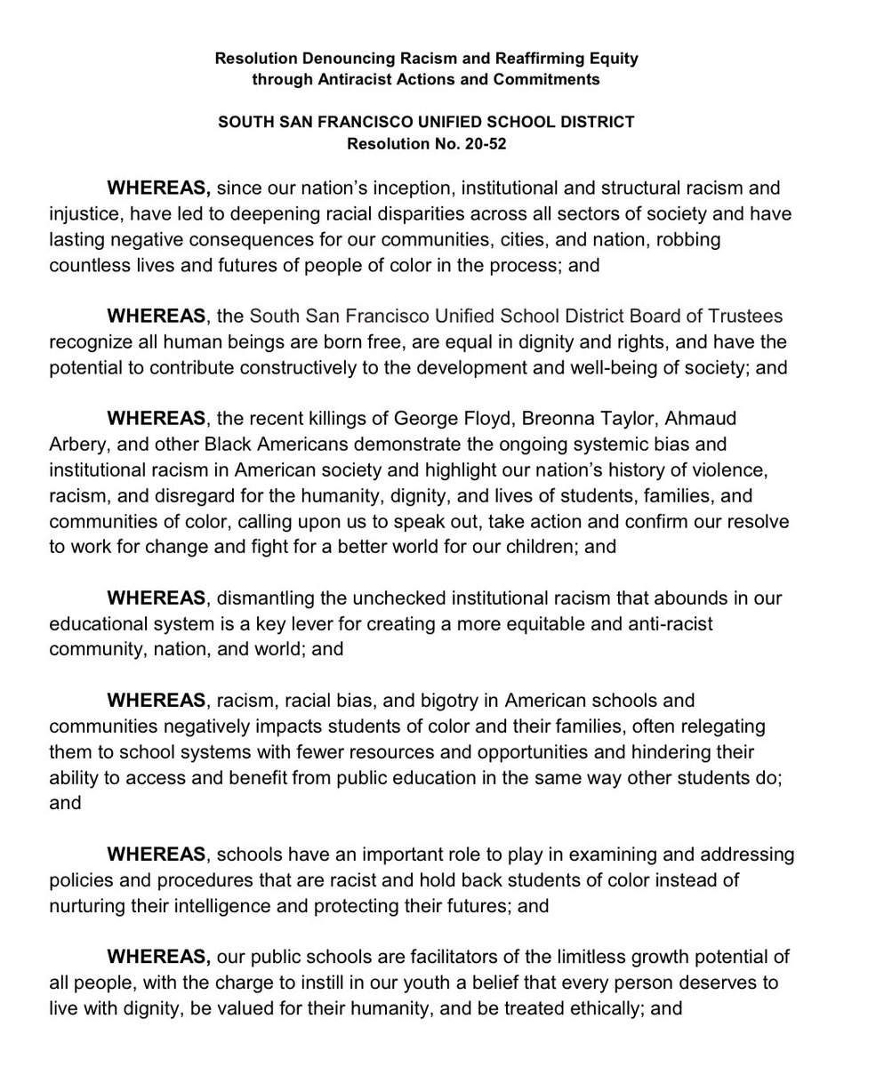 EddieFloresSSF's tweet photo. Very proud to have authored  a resolution that was unanimously approved &amp; adopted by the Board of the @SSFUSD this past Thursday. We unequivocally affirm that Black Lives Matter! 
#BLM #GeorgeFloyd #SocialJustice #RestorativeJustice #SouthSanFrancisco #SouthCity #SSF  #ssfusd https://t.co/CbU2jtRA5a