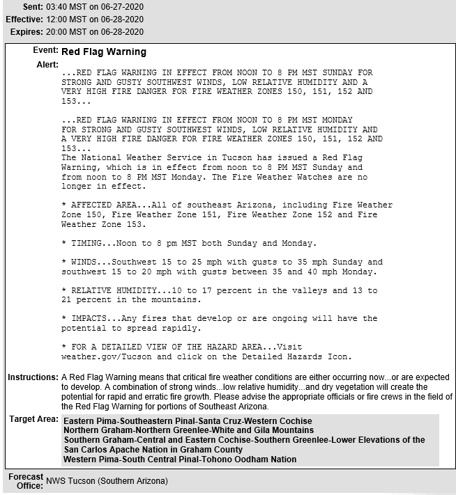 CCFirenIncident's tweet photo. :#REDFLAGWARNING IN EFFECT FROM NOON TO 8 PM MST SUNDAY AND MONDAY FOR STRONG AND GUSTY SOUTHWEST #WINDS #LOWRELATIVEHUMIDITY #VERYHIGHFIREDANGER FOR #FIREWEATHER ZONES 150, 151, 152 AND 153 #Azwx #NWSTucson #CochiseCounty #SantaCruzCounty #PimaCounty https://t.co/sDXcmRbtEV