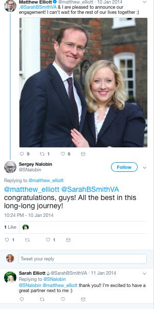 Here's a tweet from Sergey Nalobin congratulating the Elliotts in 2014. A key figure in the reported Russian programme to deepen the "co-operation" between senior Conservative politicians and the Russian government under the umbrella of the Conservative Friends of Russia group.