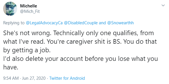 So Apparently @Mich_Fit thinks #Caregivers are not allowed and that only one person can qualify for #ODSP<a class="tags" target="_blank" title="On Twitter" href="/?out=eyJ0eXAiOiJKV1QiLCJhbGciOiJIUzUxMiJ9.eyJpYXQiOjE3MjUxMDM4MjYsImlzcyI6InR3cG9ybnN0YXJzLmNvbSIsIm5iZiI6MTcyNTEwMzgyNiwiZXhwIjoxNzU2NjM5ODI2LCJyZWRpcmVjdF91cmwiOiJodHRwczovL3R3aXR0ZXIuY29tL01pY2hfRml0In0.3huzlj9aoFb_X-L2Ft62Y5mCtxFx4N6tYlnpMRmkWlMdjGhZ3qRM5b1kCnrkhp_uHAUemjaZGIt7PL29Kp-UKw">@Mich_Fit</a><a href="/tag/caregivers"class="tags">#Caregivers</a><a href="/tag/pwd"class="tags"><span>#pwd</span></a><a href="/tag/odsp"class="tags"><span>#odsp</span></a>