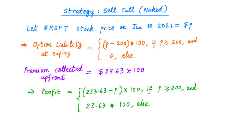 29/Key lesson: Never sell a call option if you don't own the shares. This is called a "naked call" strategy, and your maximum loss with this strategy is unlimited.