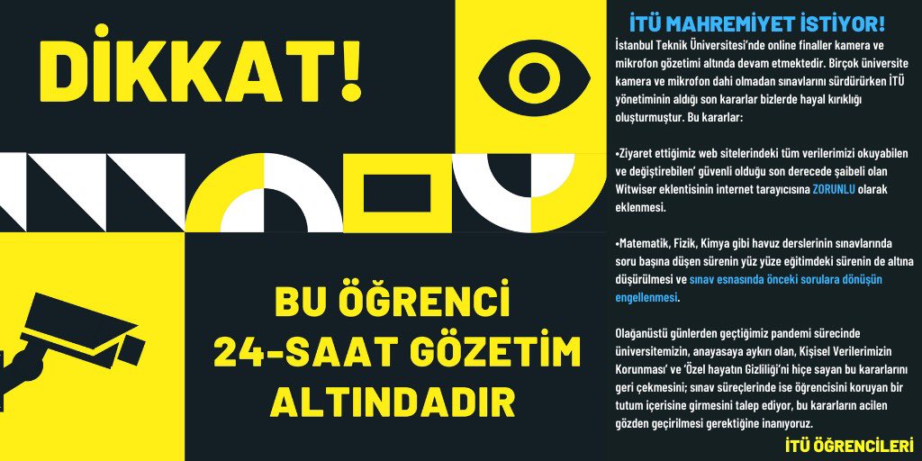 İTÜ öğrencilerinin sesini duydum. İTÜ yönetimi öğrencilerinin kişisel verilerini korusun, pandemi sürecinde öğrencisinin psikolojisi ile oynamasın. Üniversiteler öğrencileri ile vardır, sloganı ‘Asırlardır Çağdaş’ olan üniversitenin bu yanlış uygulamadan vazgeçeceğine inanıyorum.