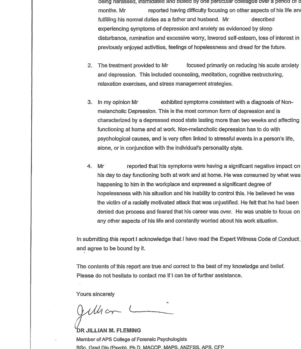 52. On 6 Feb 2004 Mullins doctor declared him unfit for work. He had seen psychologist Dr Jillian Fleming several times in the preceding 12 months as he struggled with depression brought on by the conflict.  #racism  #mentalhealth  #BLM