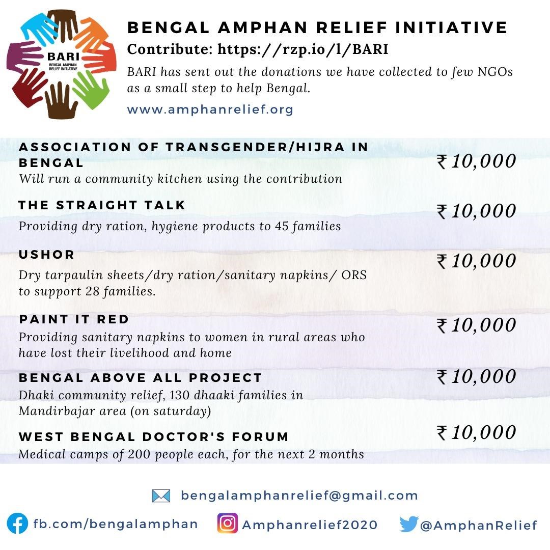 senderlloyd2's tweet photo. #BARI has so far given 60k to 10 NGOs as seen below. But it is a drop in the ocean. Help us expand our reach by participating in our event tomorrow as quiz participant or audience. Tickets at https://t.co/lPyzmlw6ee
or contributing via https://t.co/THk9w1P1E7
#QuizForBengal https://t.co/XHXwuuco7V