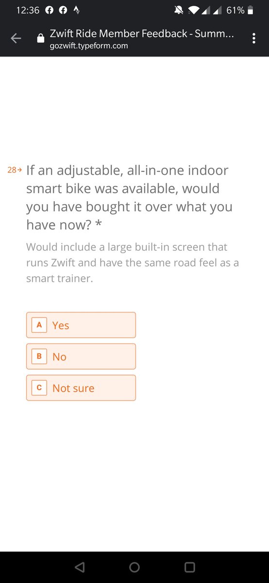 Looks like <a href="/GoZwift/">Zwift</a> are thinking about going down the smartbike route - a bit like Peloton - judging by the phrasing of these questions in a recent survey for customers.
<a href="/dcrainmakerblog/">Ray Maker</a> <a href="/gplama/">Shane Miller 🦙</a>