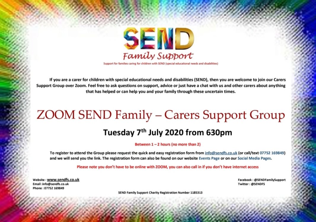 SENDFS's tweet photo. Next ZOOM SEND Family – Carers Support Group for families caring for children with special educational needs and disabilities

To register to join, add a topic or ask a question click - https://t.co/I94ElHiWOZ

#SENDFamilySupport #SENDSupport #AllDisabilities #Allinclusive https://t.co/WIMwAcp8zo