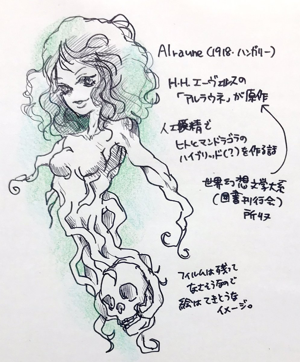 #SF映画を順にみます
「The Ghost of Slumber Mountain(スランバー山の幽霊)」(1919年/アメリカ/ウィリス・オブライエン監督)
オマケの一枚は、フィルムが現存しないため観られなかった「アラウネ」(1918年/ハンガリー)のあらすじと当時の広告だけみて描いた勝手なイメージイラストです。 