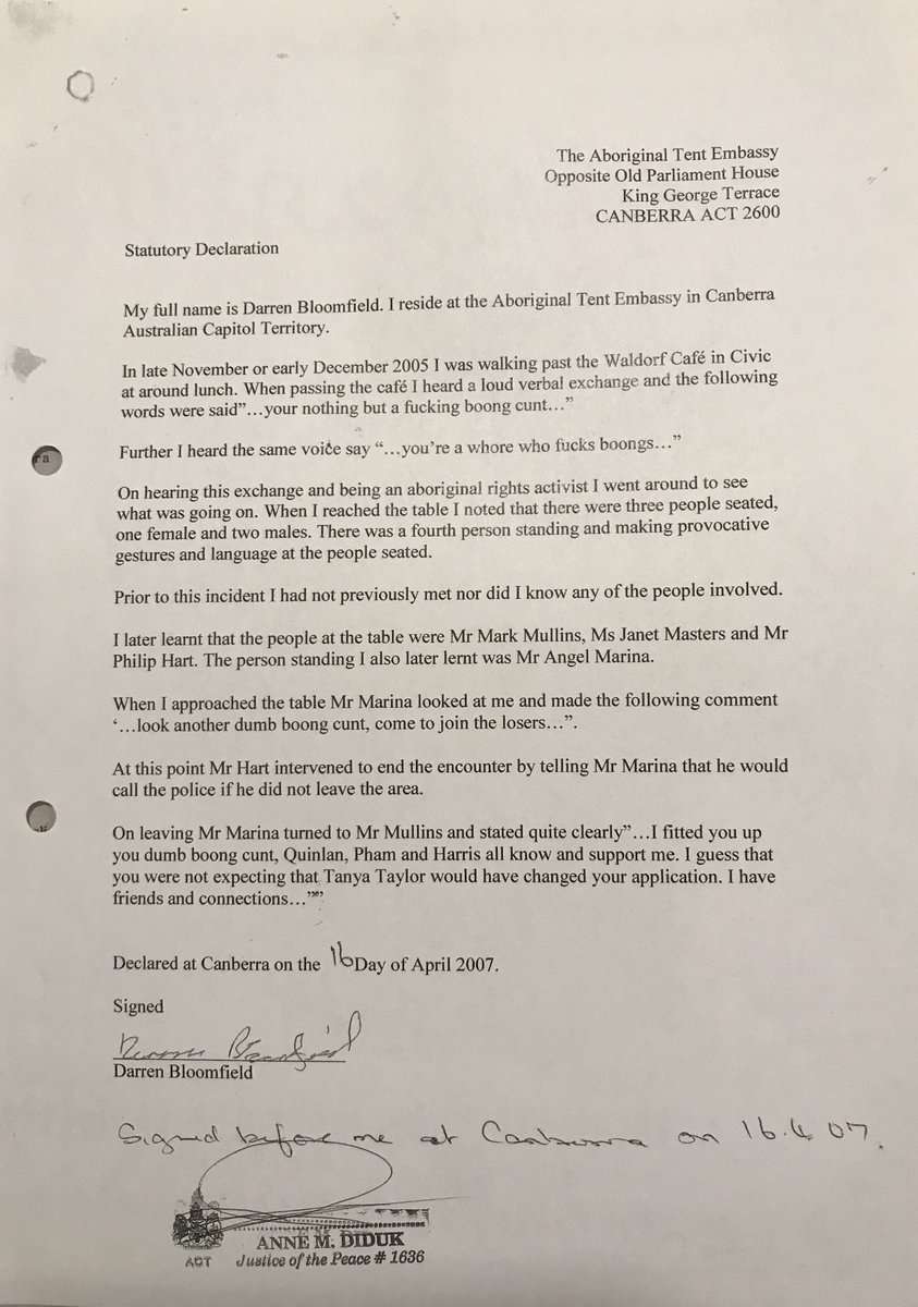 61. In December 2005 Mullins former wife, the most senior Indigenous female banking exec in Australia at the time, was indecently assaulted by Marina in public while lunching at the Waldorf Café with Mullins. Mullins was also assaulted by Marina.