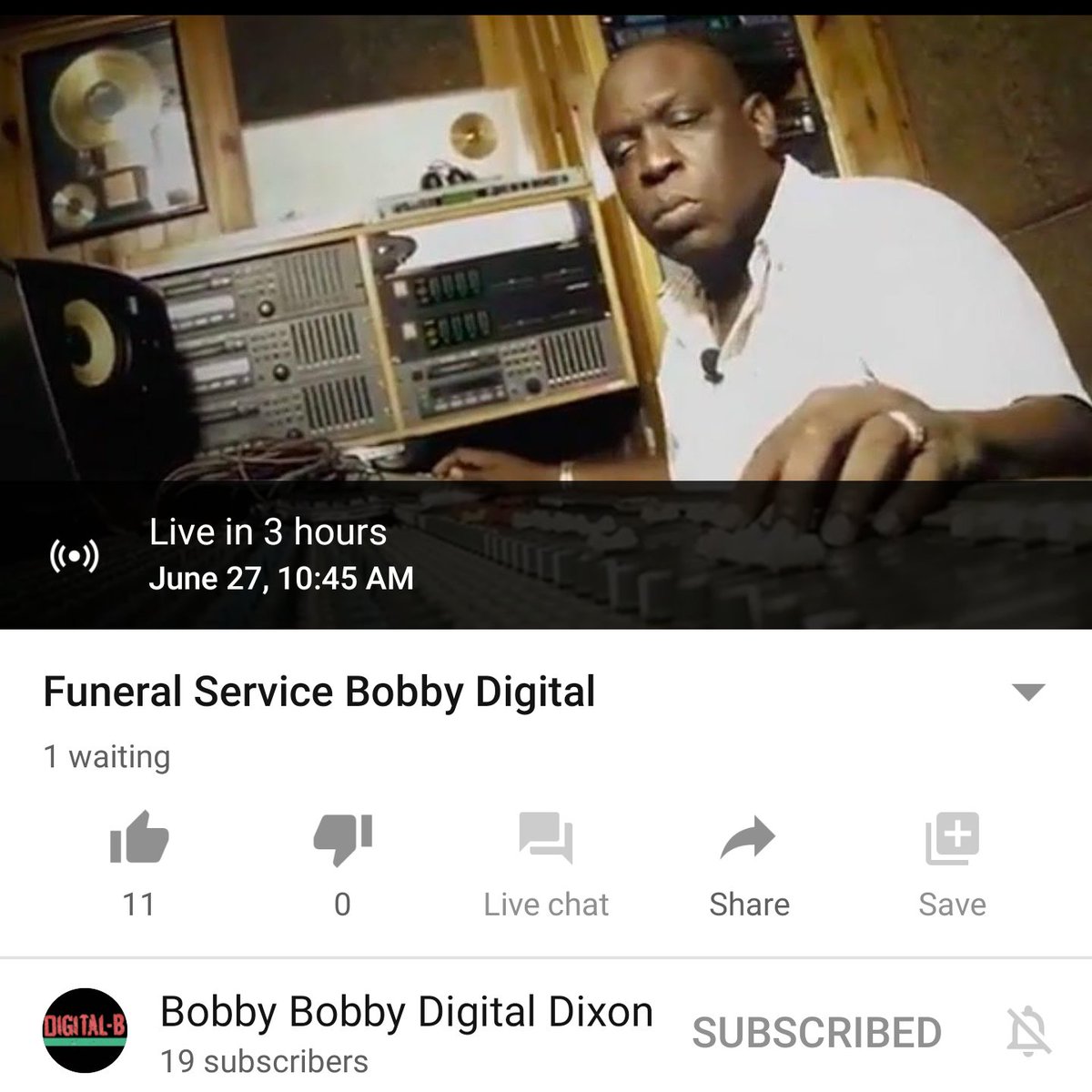 Live Stream Funeral Service for Bobby "Digital" Dixon <a href="/digitalbrecords/">Digital-B Records</a>
June 27, 2020 Bobby Digital-b Dixon
Begins at 9:45 JA time - 10:45pm EST 
youtu.be/U2nq0GFIxiM