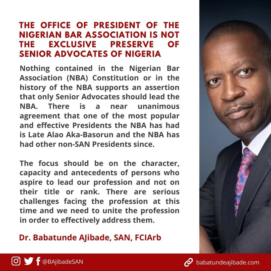 <a href="/ChidiOdinkalu/">Chidi Anselm Odinkalu, CGoF</a> <a href="/oagbakoba/">Dr. Olisa Agbakoba, SAN</a> <a href="/Tunde2008/">Tunde Fagbohunlu</a> <a href="/BAjibadeSAN/">Dr. Babatunde Ajibade, SAN</a> <a href="/DeleAdesinaSAN/">DeleAdesinaSAN</a> <a href="/BarInitiative/">Open Bar Initiative</a> <a href="/OrjiUka/">Orji Agwu Uka</a> <a href="/sjonu/">Onu</a> <a href="/legalwingman/">oghale.legal</a> <a href="/Nigerialawyers/">The Nigeria Lawyer</a> <a href="/LawyardNG/">Lawyard NG</a> @BarristerNG1 <a href="/yemi_akangbe/">Yemi Akangbe</a> <a href="/nbalagosbranch/">NbaLagosBranch</a> <a href="/NBAAbuja/">NBA Abuja Branch</a> Clearly <a href="/BAjibadeSAN/">Dr. Babatunde Ajibade, SAN</a> shows how right thinking lawyers should think. Another reason #WhyDrAjibade