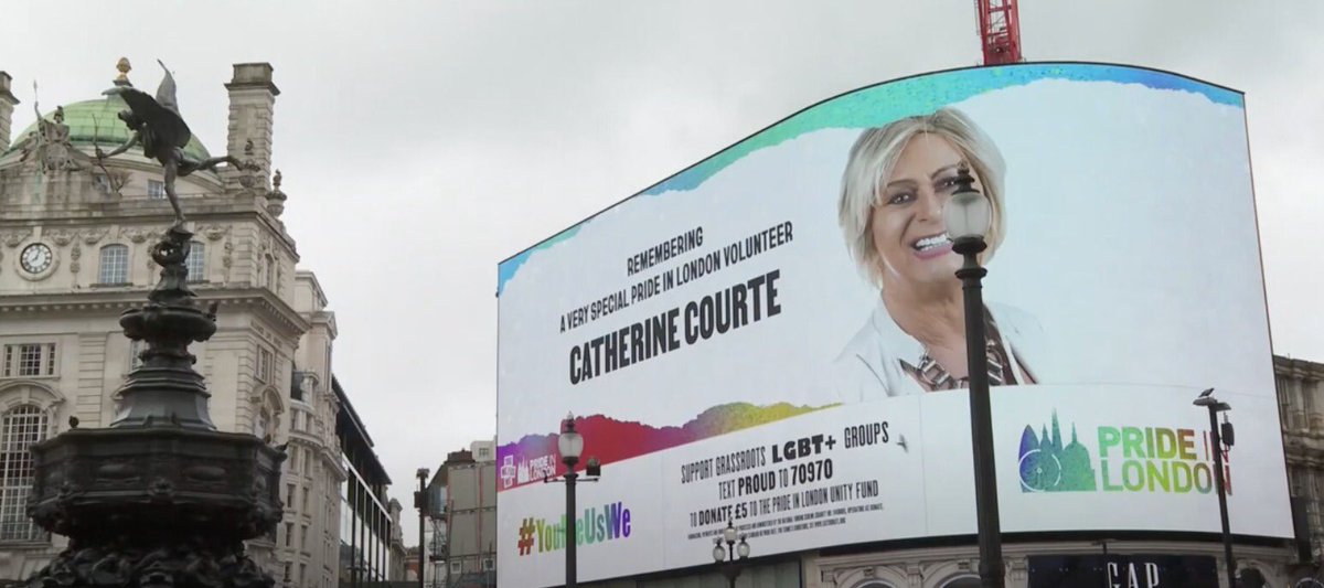 This year, ⁦@PrideInLondon⁩ lost one of our own. It’s only fitting that we celebrated Catherine by putting her name up on the Piccadilly screen. We miss her #YouMeUsWe