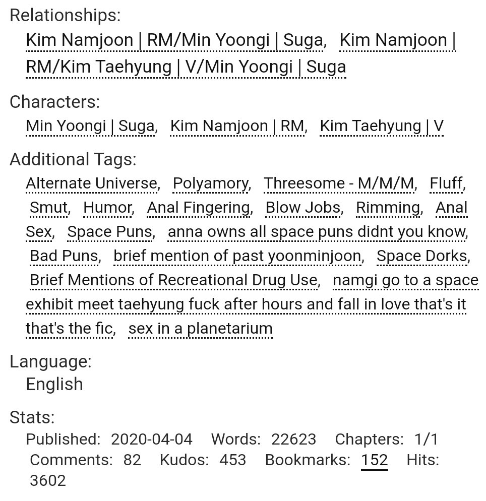 BTS POLY fic the Space between us by HereIGoAgain  @taesavestheday  https://archiveofourown.org/works/23473213 Producer YG / post-grad NJ / Astronomy major TH  space things, space puns, beautiful people, perfect character dynamics, perfect smut = EVERYTHINGREAD TAGS AND NOTES 