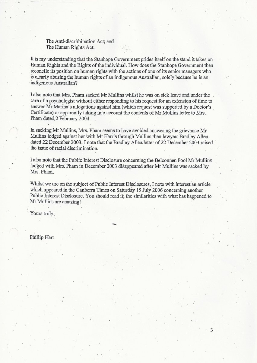 67. Complaints regarding ongoing  #racism experienced by Mullins from Marina were made to the ACT Govt. Although they deny knowledge, this is countered by a witness who wrote directly to the ACT Govt regarding Ms Mullins assault. No follow up occurred despite the reply.