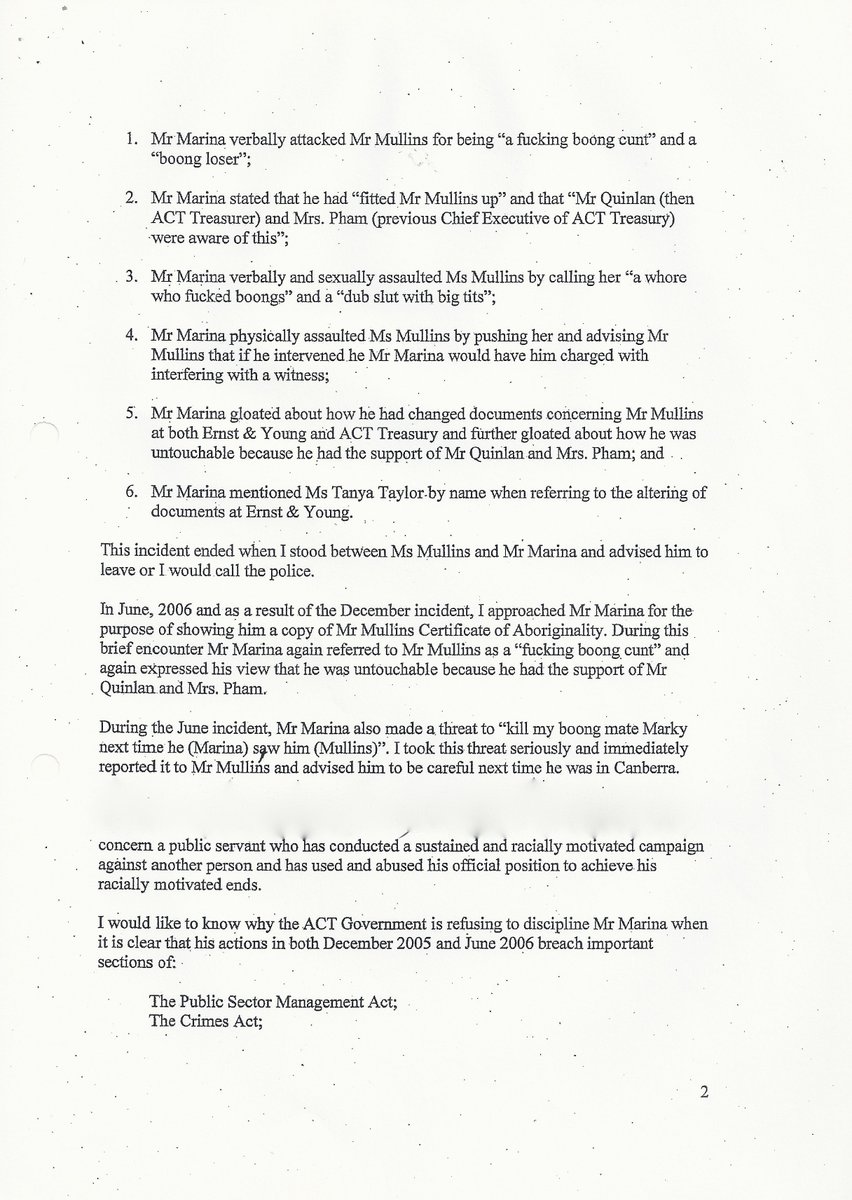 67. Complaints regarding ongoing  #racism experienced by Mullins from Marina were made to the ACT Govt. Although they deny knowledge, this is countered by a witness who wrote directly to the ACT Govt regarding Ms Mullins assault. No follow up occurred despite the reply.