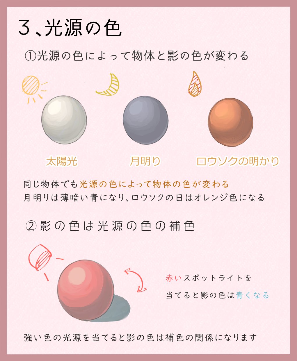 能登ケイ イラスト講座 光源について 色塗りにおいて重要な光の3つの特徴は まっすぐ進む 反射する 光源の色によって物体と影の色が変わる 光源の色や反射光は意識するだけで絵に深みが増すので是非取り入れてみてください 能登ケイ イラスト講座 光源について 色塗りにおいて重要な光の3つの特徴は まっすぐ進む 反射する 光源の色によって物体と影の色が変わる 光源の色や反射光は意識するだけで絵に深みが増すので是非取り入れてみてください