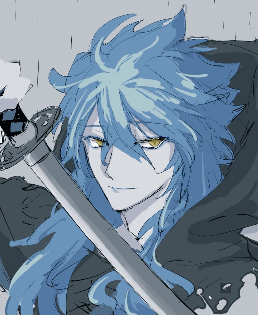 1boy male focus weapon sword yellow eyes blue hair long hair  illustration images
